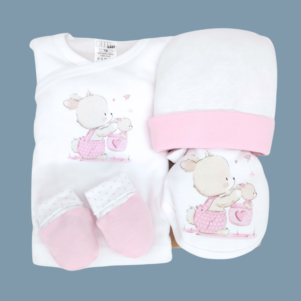 conjunto roupinha 5 peças body, collants, gorro, luvas e babete