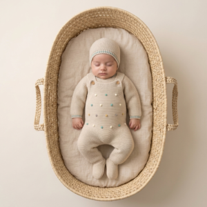 Conjunto Bebé em Malha Jardineira, Camisola e Gorro