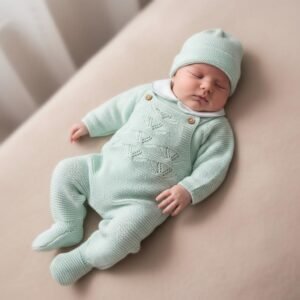 Conjunto em malha Jardineira, Camisola com golinha e Gorro