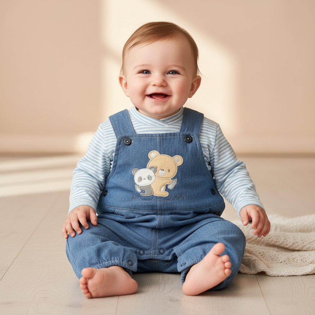 Jardineira Com Bordado Ursinhos e Camisola às Riscas - Image 2