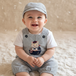 Jardineira Com Bordado Ursinho Marinheiro, Tshirt e Boné