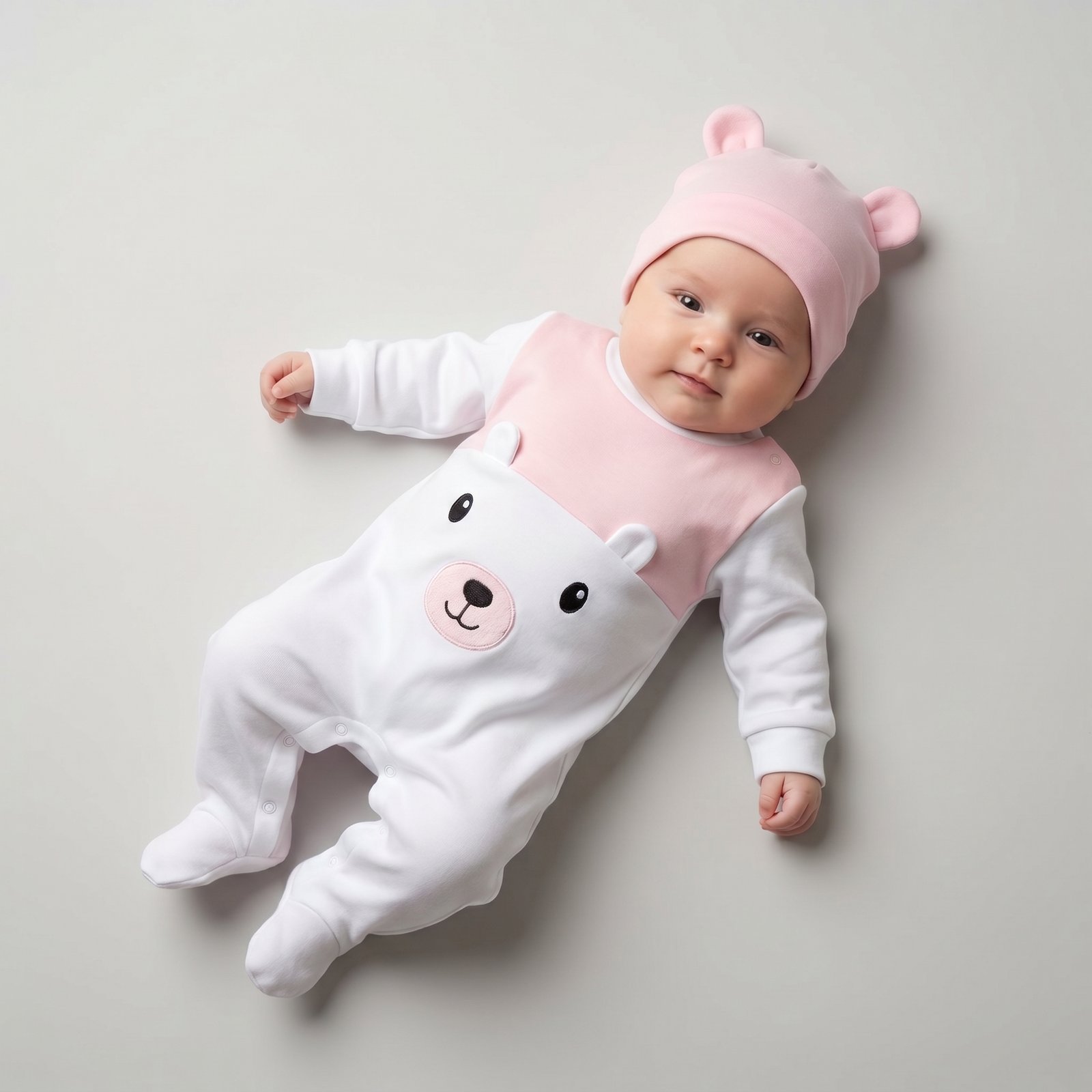 Babygrow em Algodão Ursinho Com Orelhinhas e Gorro