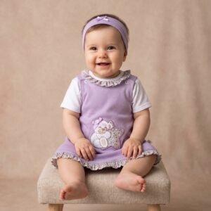 Conjunto Vestido Com Bordado Ursinho e estrelinha , T-shirt e Fita
