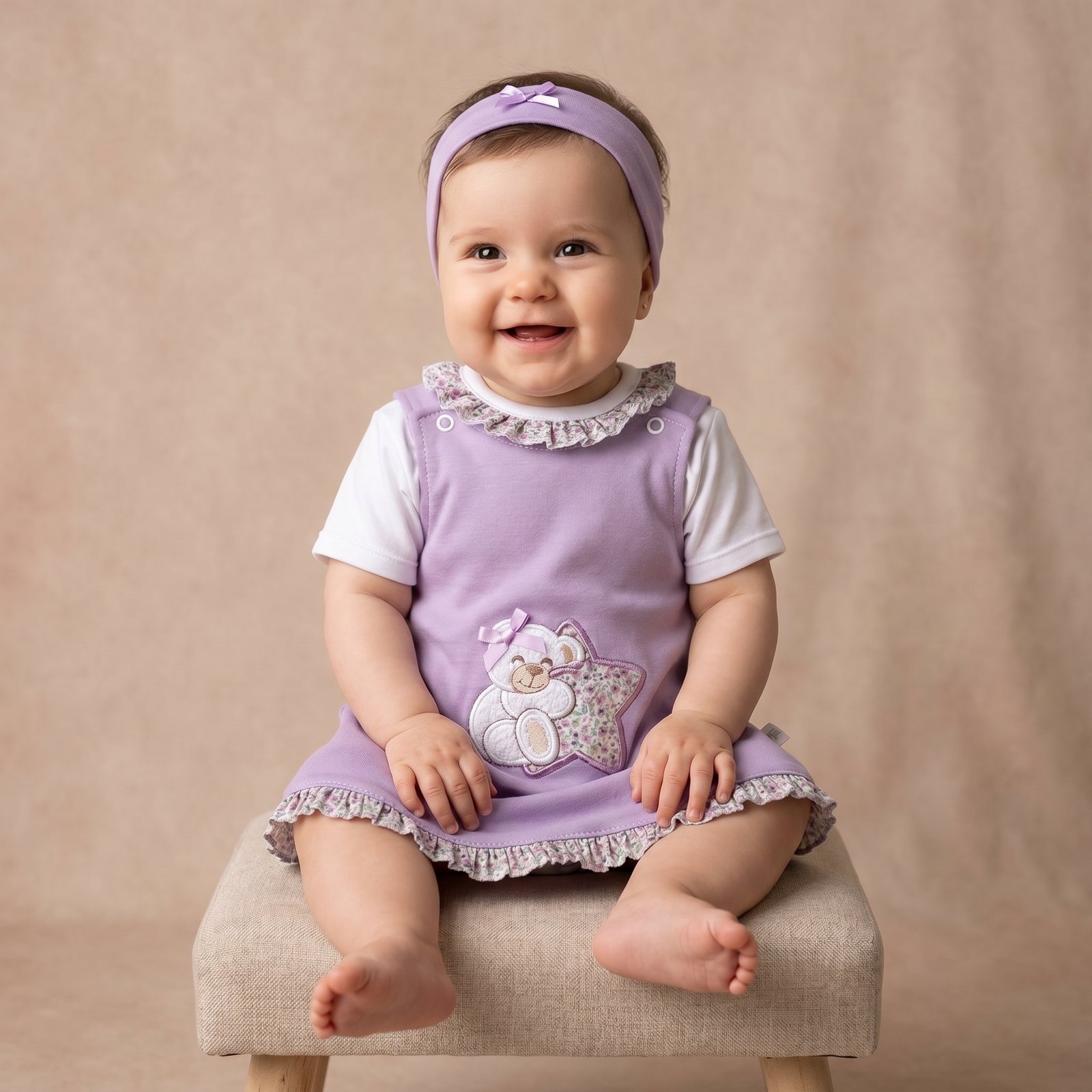 Conjunto Vestido Com Bordado Ursinho e estrelinha , T-shirt e Fita
