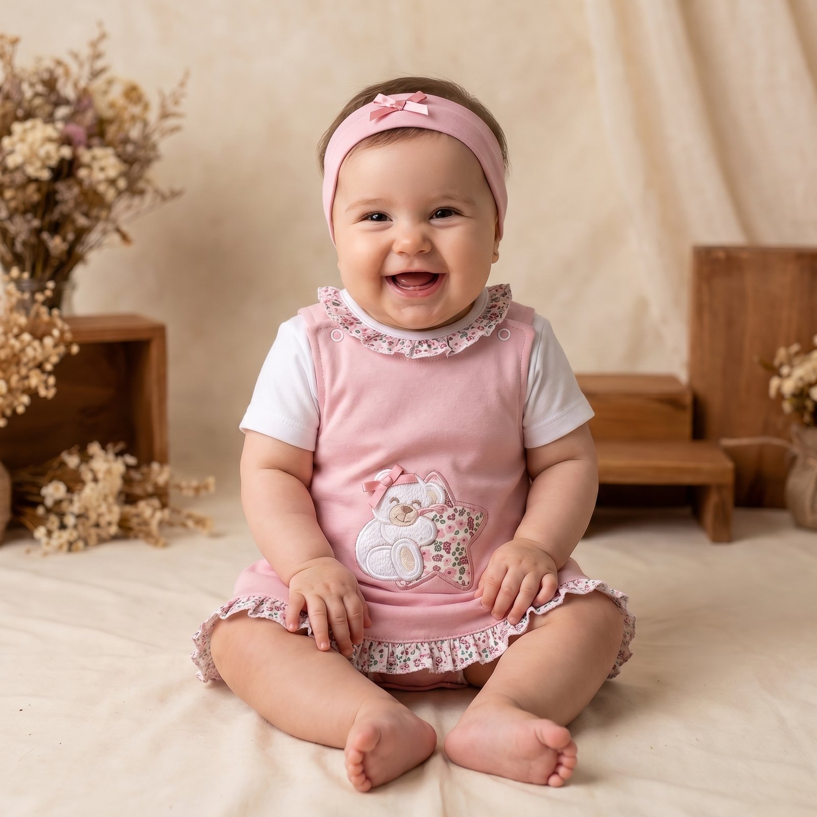 Conjunto Vestido Com Bordado Ursinho e estrelinha , T-shirt e Fita - Image 2