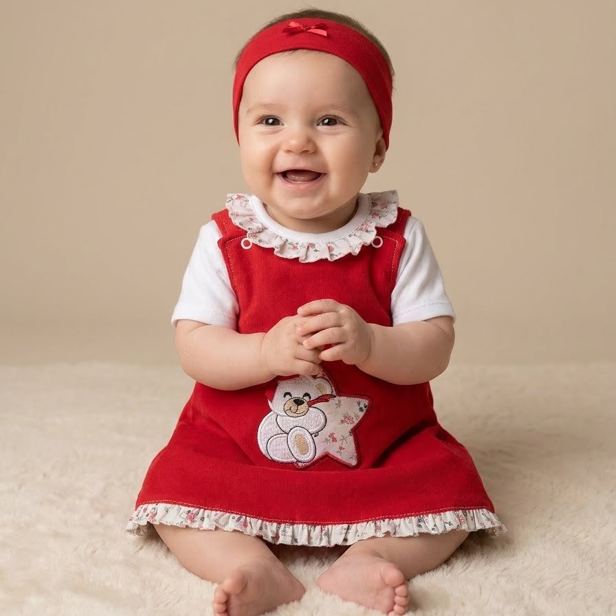 Conjunto Vestido Com Bordado Ursinho e estrelinha , T-shirt e Fita - Image 4