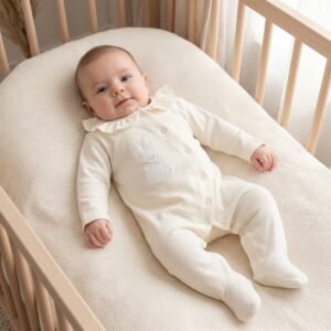 Babygrow em Algodão Com Gola Folho e Bordado Coelhinho