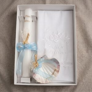 Conjunto de Batismo "O Meu Batismo", Vela Redonda, Toalha e Concha