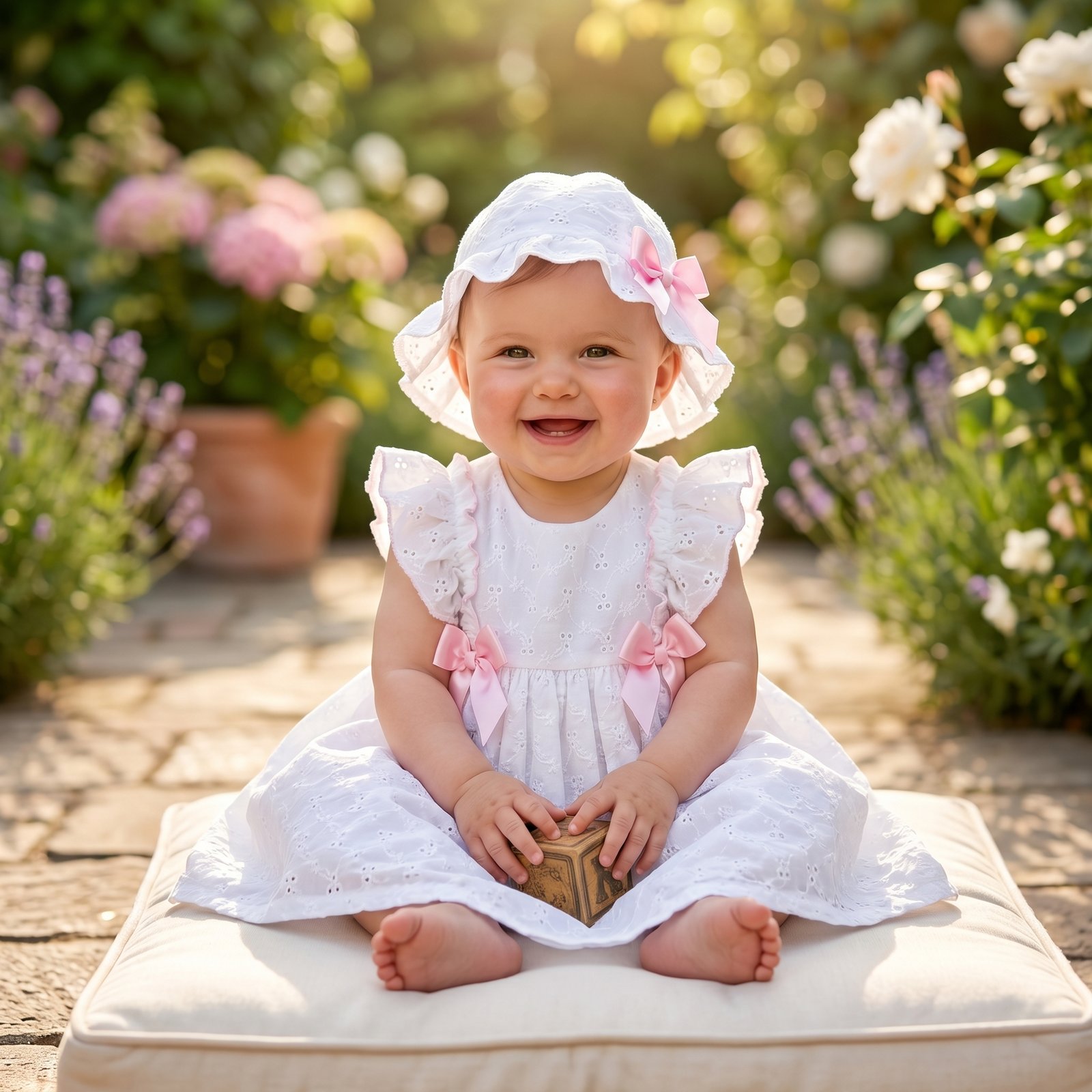 Conjunto Vestido em Bordado Inglês com Lacinhos e Chapéu - Image 2