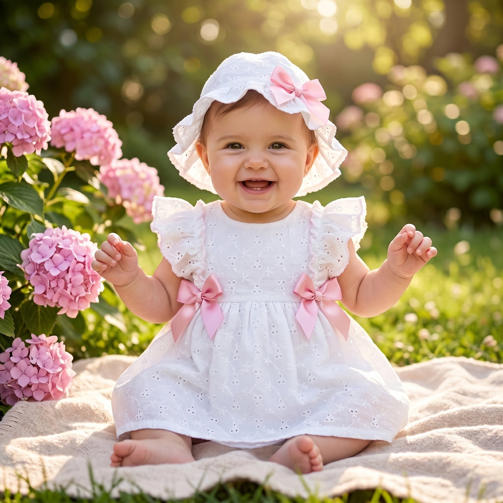 Conjunto Vestido em Bordado Inglês com Lacinhos e Chapéu - Image 3