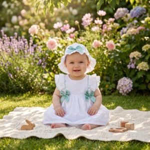 Conjunto Vestido em Bordado Inglês com Lacinhos e Chapéu