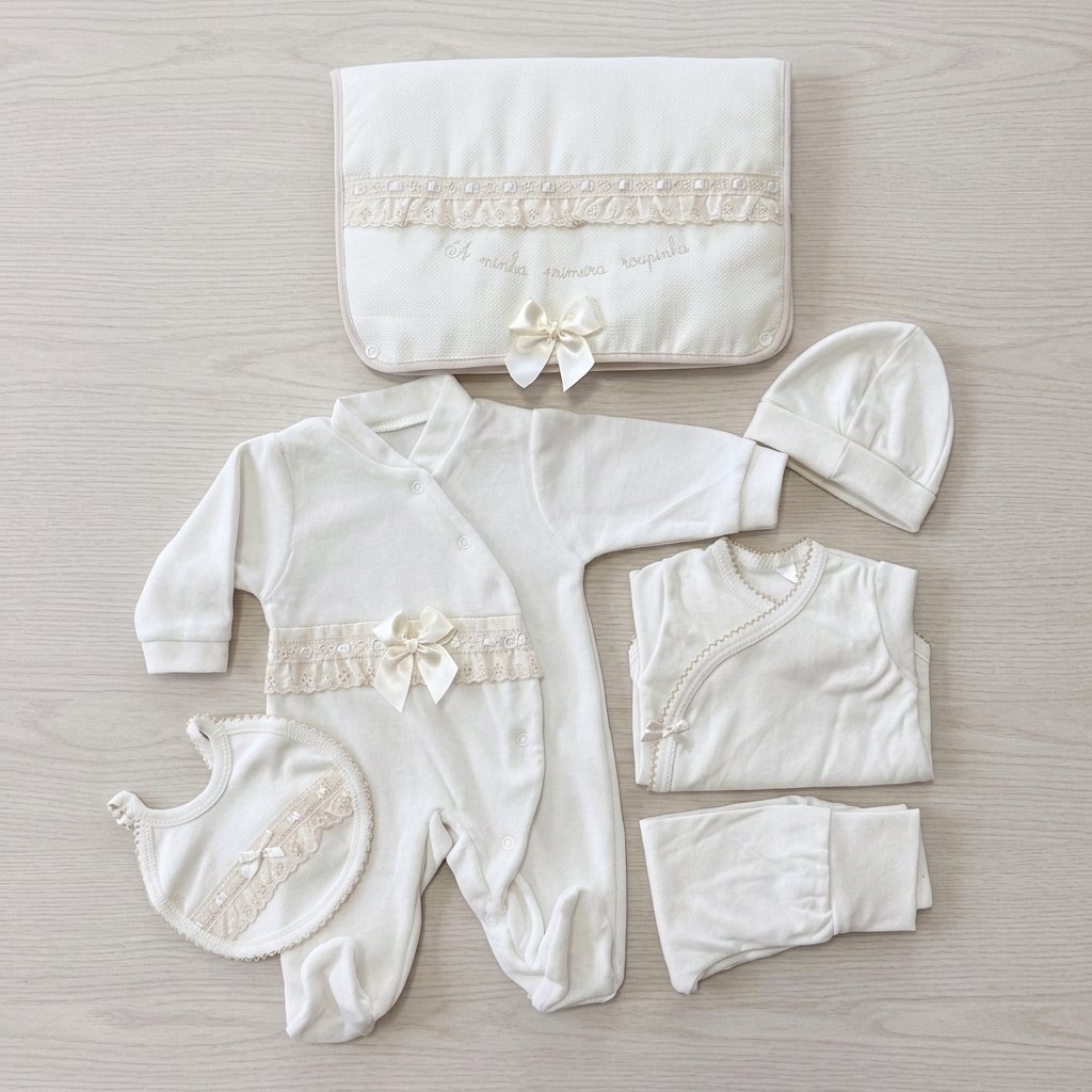 Conjunto 1ªRoupinha em Veludo Com Bordado Inglês e Lacinho - Image 5