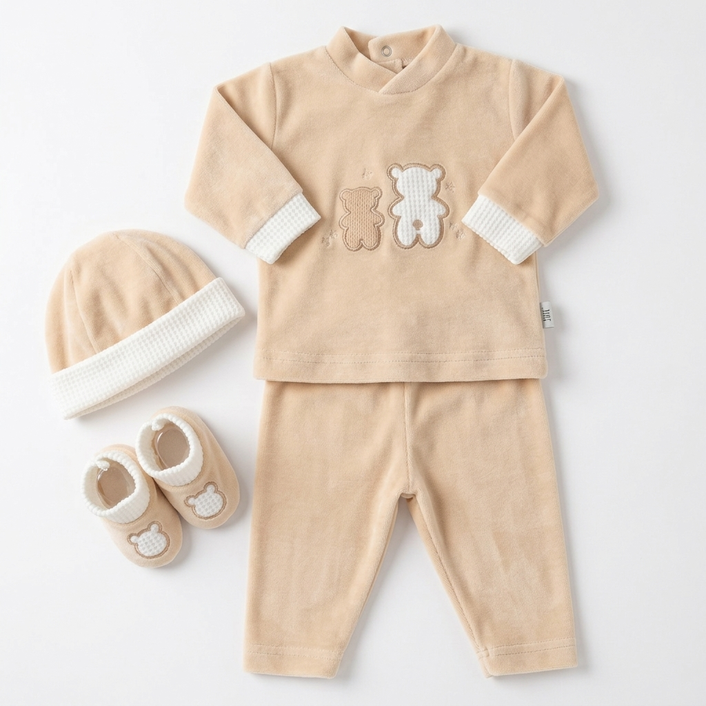 Conjunto em Veludo Camisola Com Ursinhos, Calça, Gorrinho e Carapins - Image 3