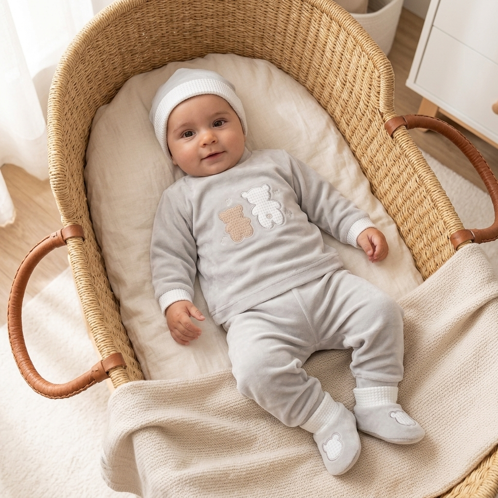 Conjunto em Veludo Camisola Com Ursinhos, Calça, Gorrinho e Carapins - Image 6