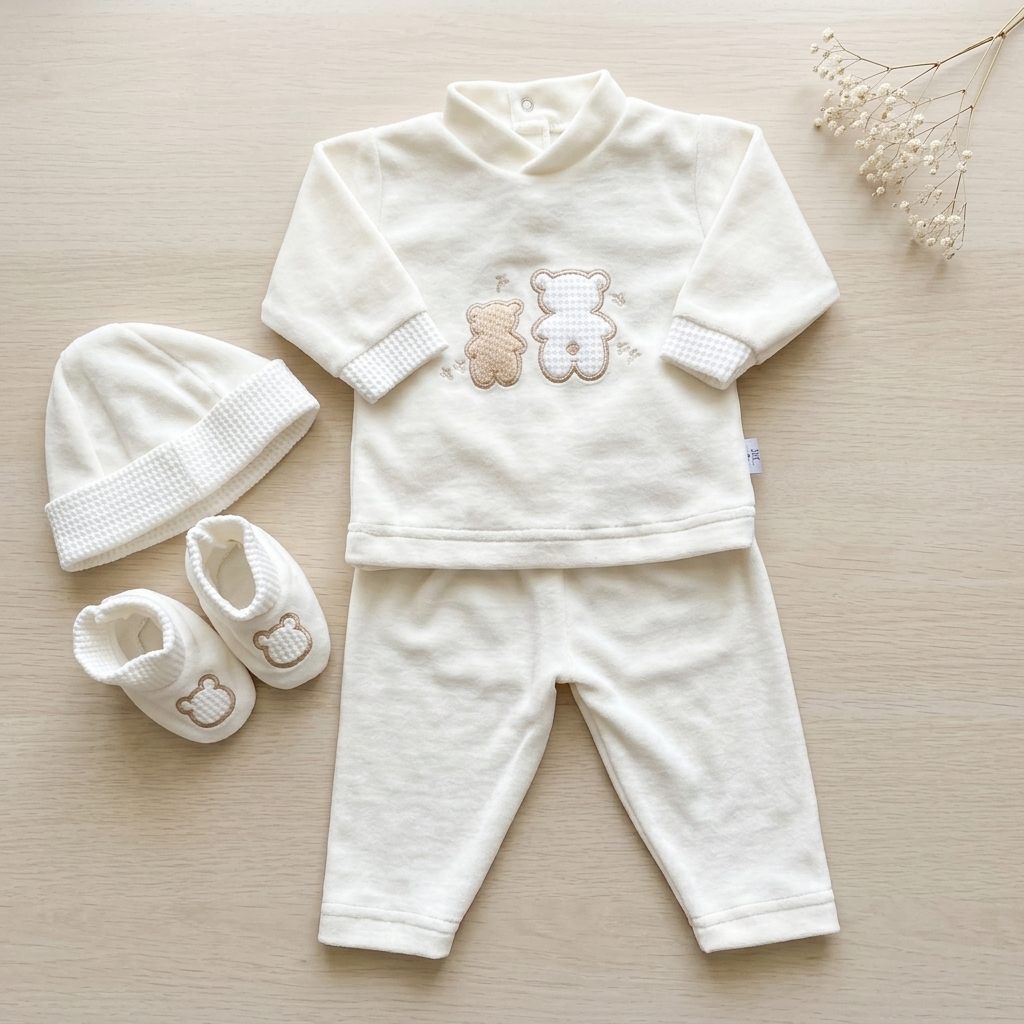 Conjunto em Veludo Camisola Com Ursinhos, Calça, Gorrinho e Carapins - Image 4